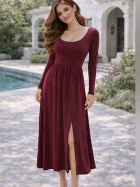 a new day Burgundy Long Sleeve Maxi Dress with Side Slit Size L